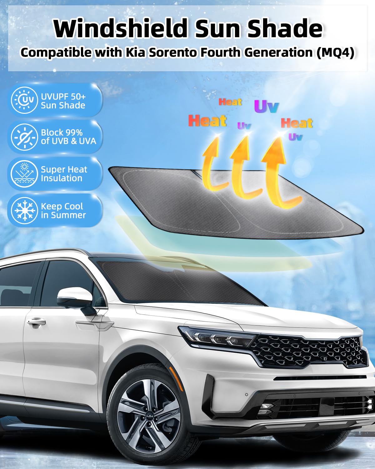 Mixsuper Liner Windshield Sun Shade for 2021-2025 Kia Sorento, Foldable Silver UV Heat Blocker, Front Window Sunshade Accessory