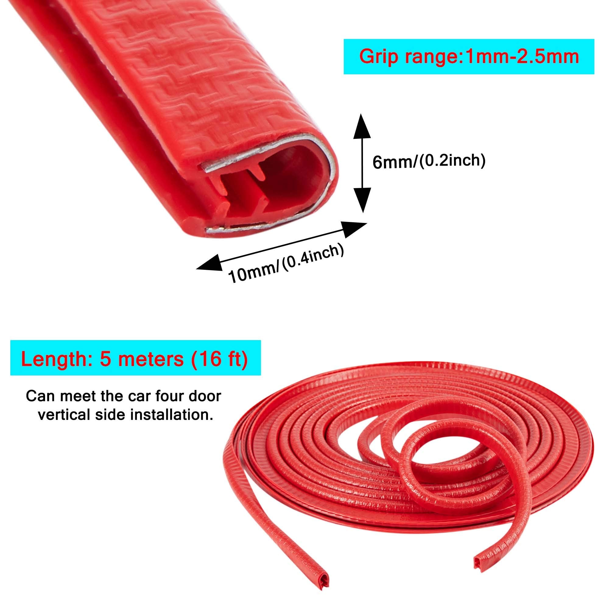 Tomall Car Door Protector Strip Red, Car Door Guards U Shape Rubber Seal Protector, Anti-Collision Anti-Scratch Waterproof Car Decorative Moulding Strips 5M(16Ft)