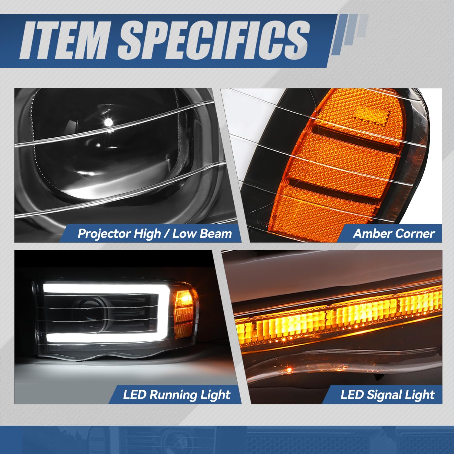 Auto Dynasty Led Drl Headlight Compatible With 2002 2003 2004 2005 Dodge Ram 1500 2500 3500 Sequential Turn Signal Black Project