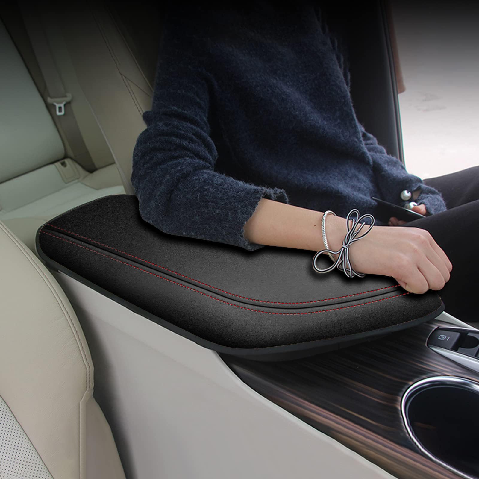 Aomsazto Armrest Covers For 2024 2023 2022 2021 2020 2019 2018 Toyota Camry Black With Red Stiches,Including L, Le, Se, Xle, Xse