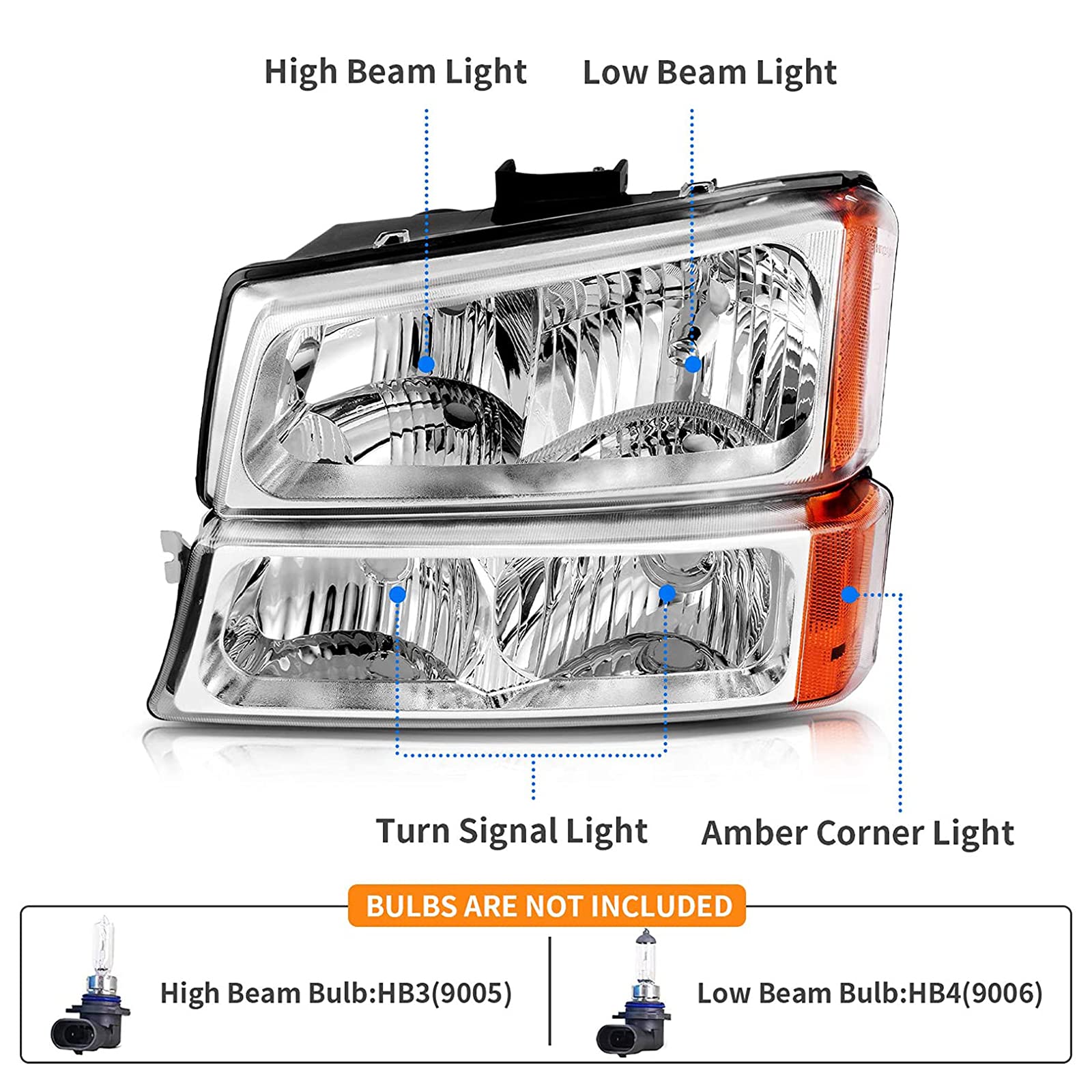 Chrome Housing Amber Headlights Assembly + Rear Tail Lights Combo Compatible With 2003-2006 Chevy Silverado 1500 2500 3500 1500