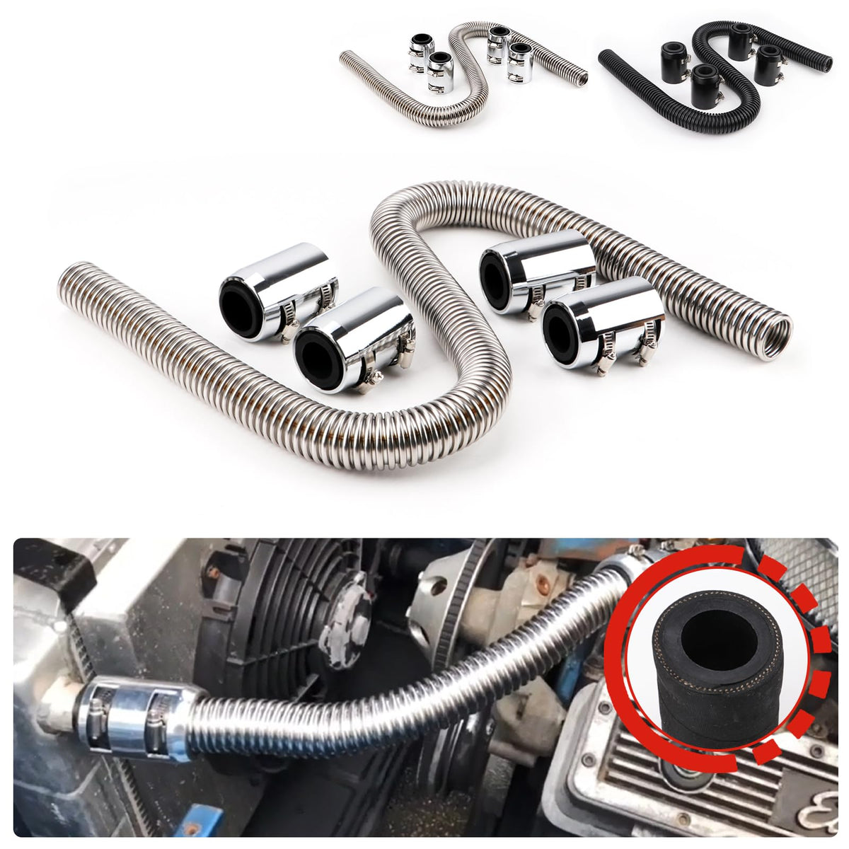 48    Radiator Hose Flexible Stainless Steel Universal Coolant Water Hose Kit With 4Pcs Chrome Caps REENKEY (Silver)