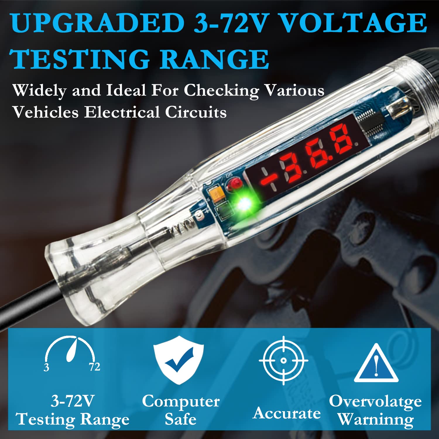 Gogonfly Upgraded 3-72V Automotive Test Light, Heavy Duty Digital Led Circuit Tester With Voltmeter And Dual Color Polarity Indi