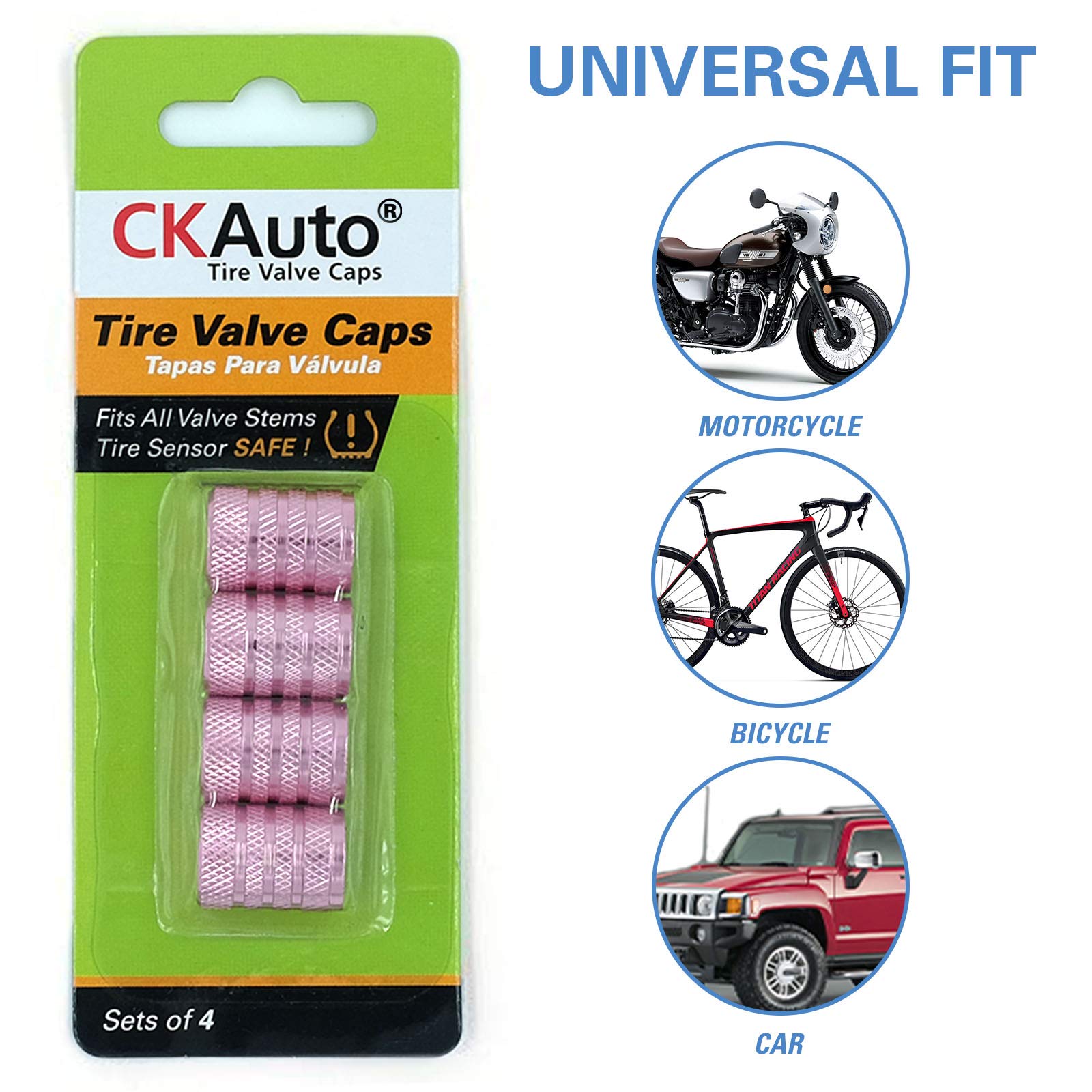 Ckauto Tire Valve Stem Caps, Pink, 4 Pcs/Pack, Anodized Aluminum Tire Valve Cap Set, Corrosion Resistant, Universal Stem Covers