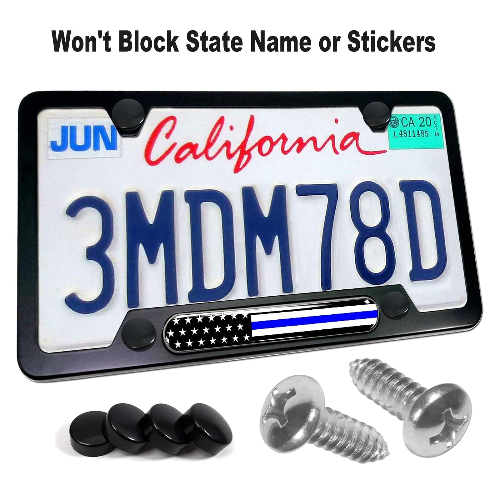 Aootf Police Thin Blue Line License Plate Frames- 2 Pack American Flag Matte Black Aluminum Patriotic Car Tag Cover Holder With