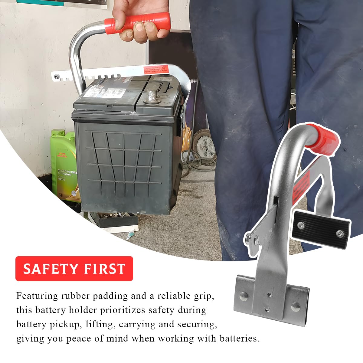 Gasedin Battery Carrier, Adjustable to 7 Battery Rack with Non-Slip Rubber Pads, Carrying Gripper for Top Post or Side Post Ba