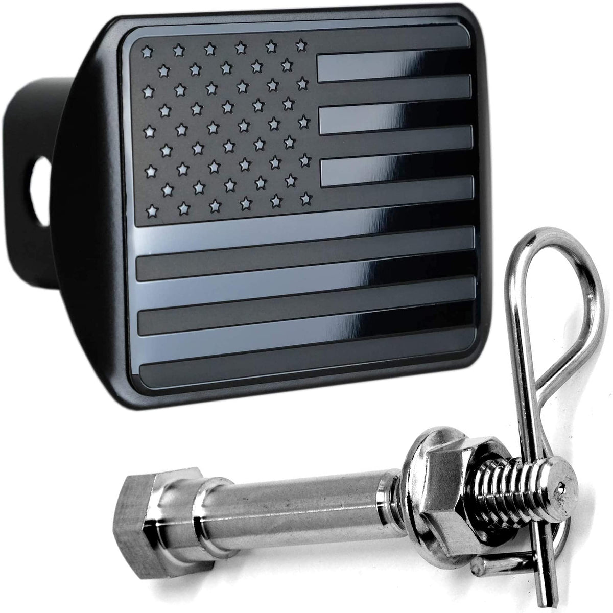 Everhitch Usa Black Metal Flag Hitch Cover With Stainless Steel Anti-Rattle Pin Bolt (Fits 2'' Receiver)