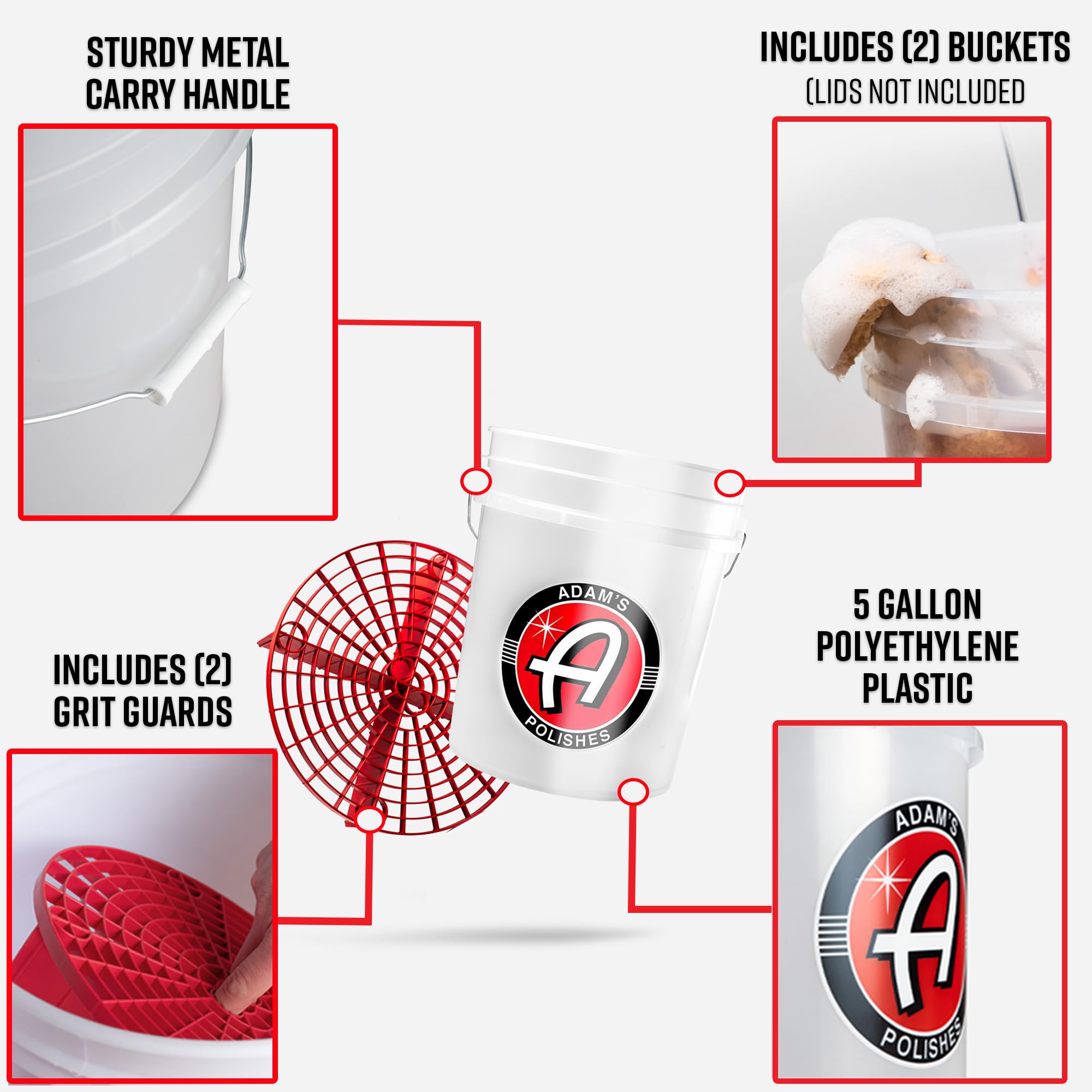 Adam 'S Polishes Car Wash Buckets 5 Gallon Bucket + Grit Guard 2 Pack Perfect Car Detailing Tool For Car Washing & Garage Storag