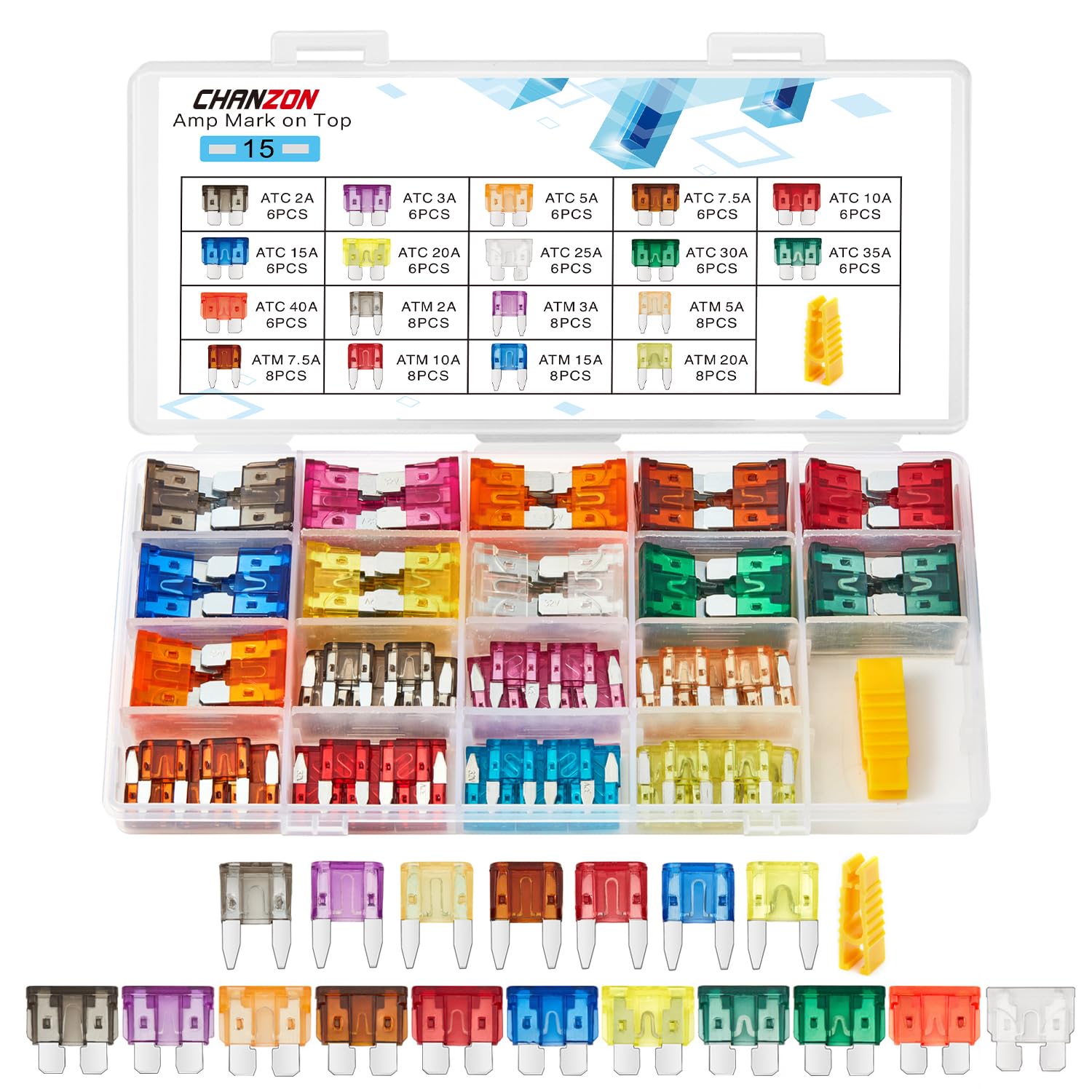 Chanzon 122 Pack Ul Listed Standard & Mini Blade Fuse Assortment Kit Atc/Atm 18 Values Different Counts Each:2A,3A,5A,7.5A,10A,1