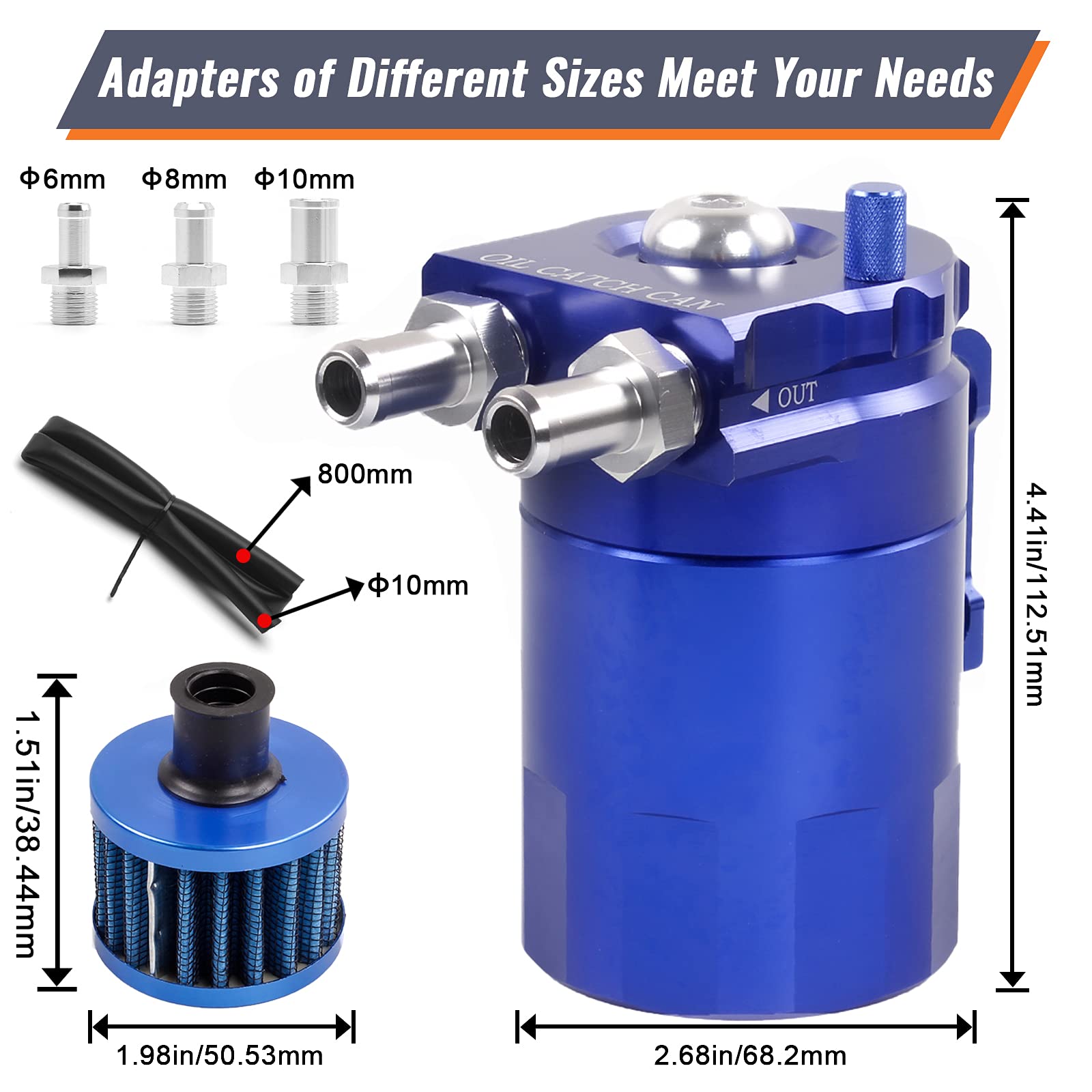 Muge Racing Universal Oil Catch Can Tank Kit Polish Baffled Reservoir With Breather Filter With 3/8'' Fuel Line, Aluminum, Blue,