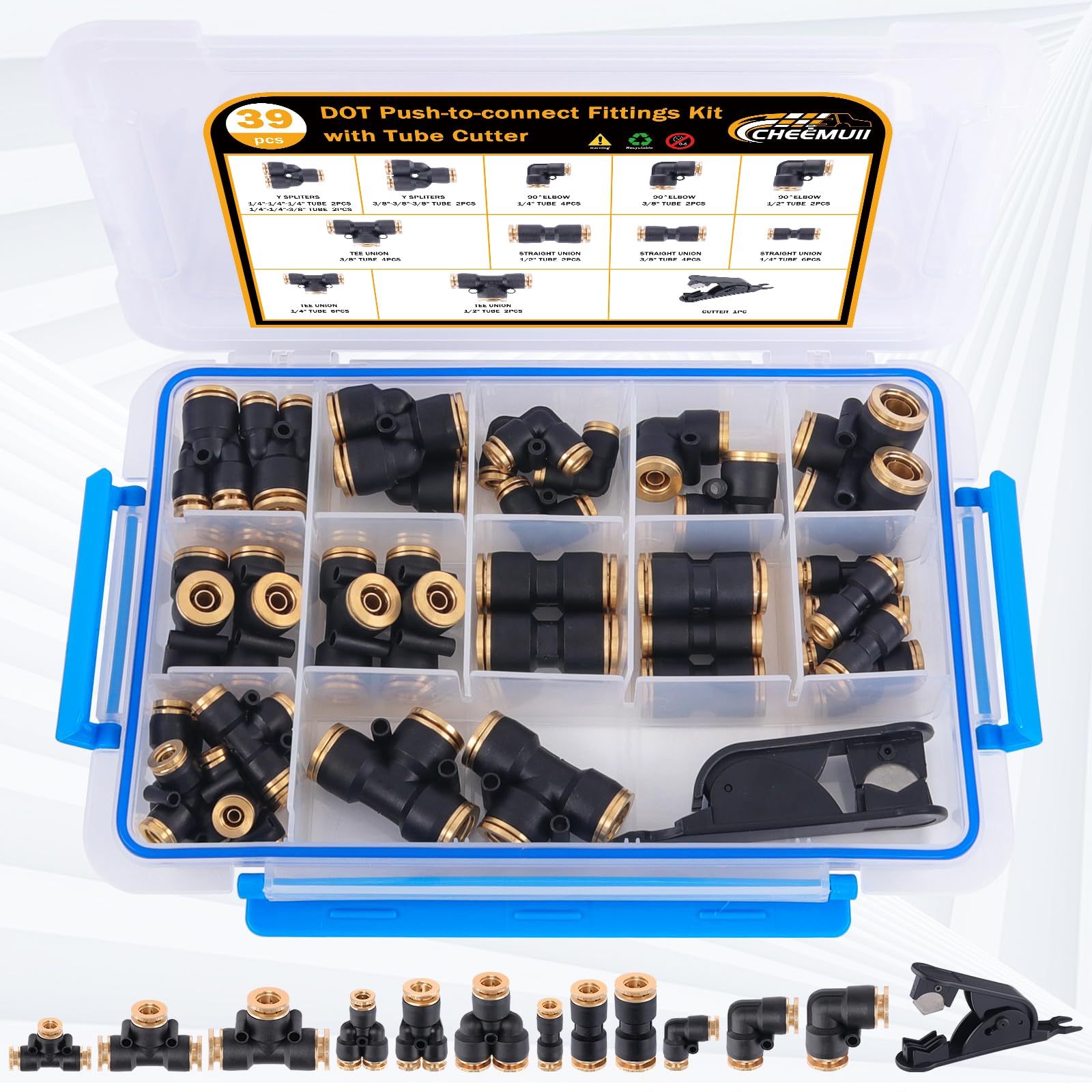 Cheemuii 39 Pcs Dot Air Line Quick Connect Fittings 1/4'' 3/8'' 1/2'' Push To Connect Fittings Dot Brass Air Hose Fittings Repai