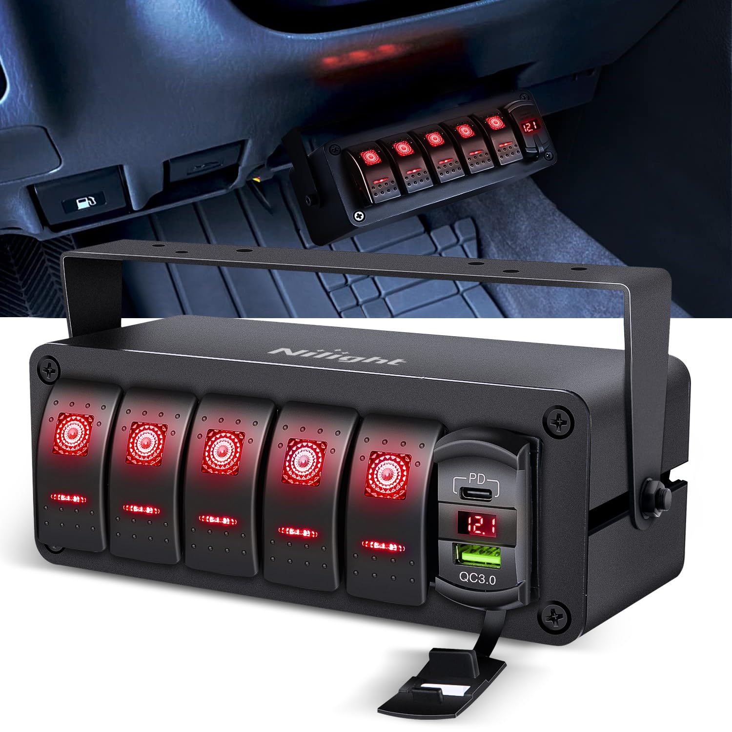 Nilight 5 Gang Rocker Switch Box 12V Spst On Off Toggle Switches Pd Type C And Qc 3.0 Usb Charger Voltmeter Led Light Waterproof