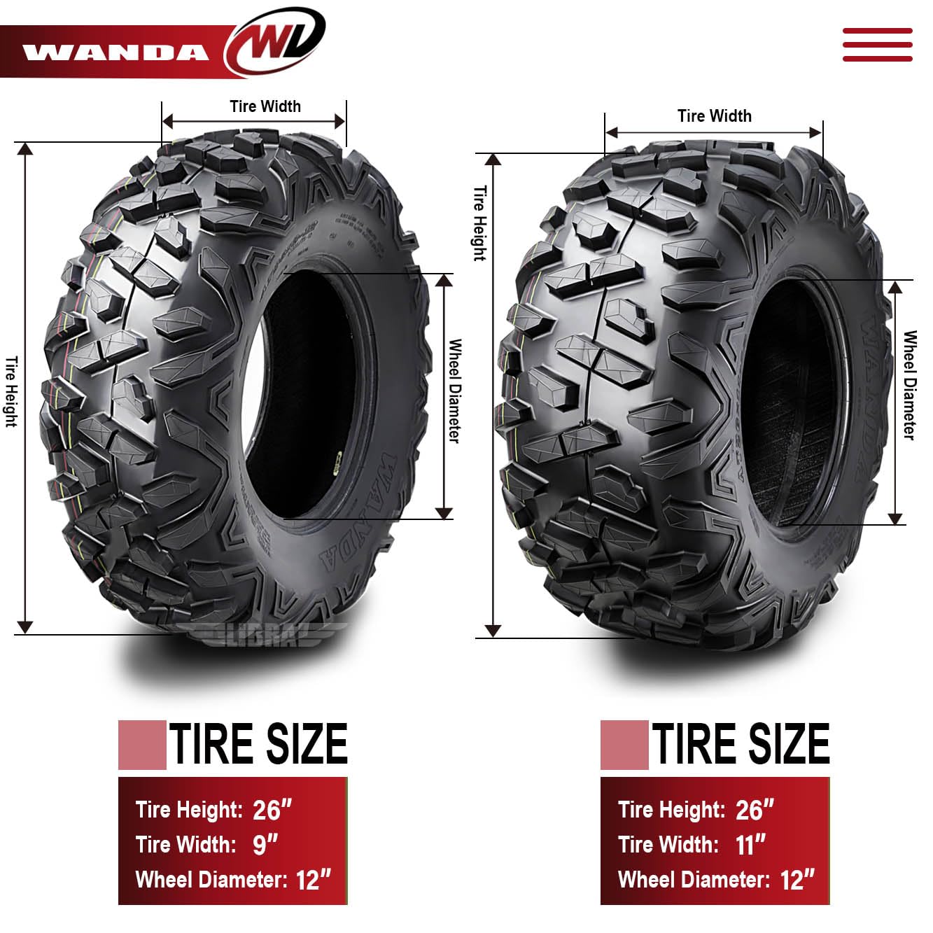 Wanda Set 4 Atv/Utv Tires 26X9R12 & 26X11R12 8Pr Radial Bighorn Style