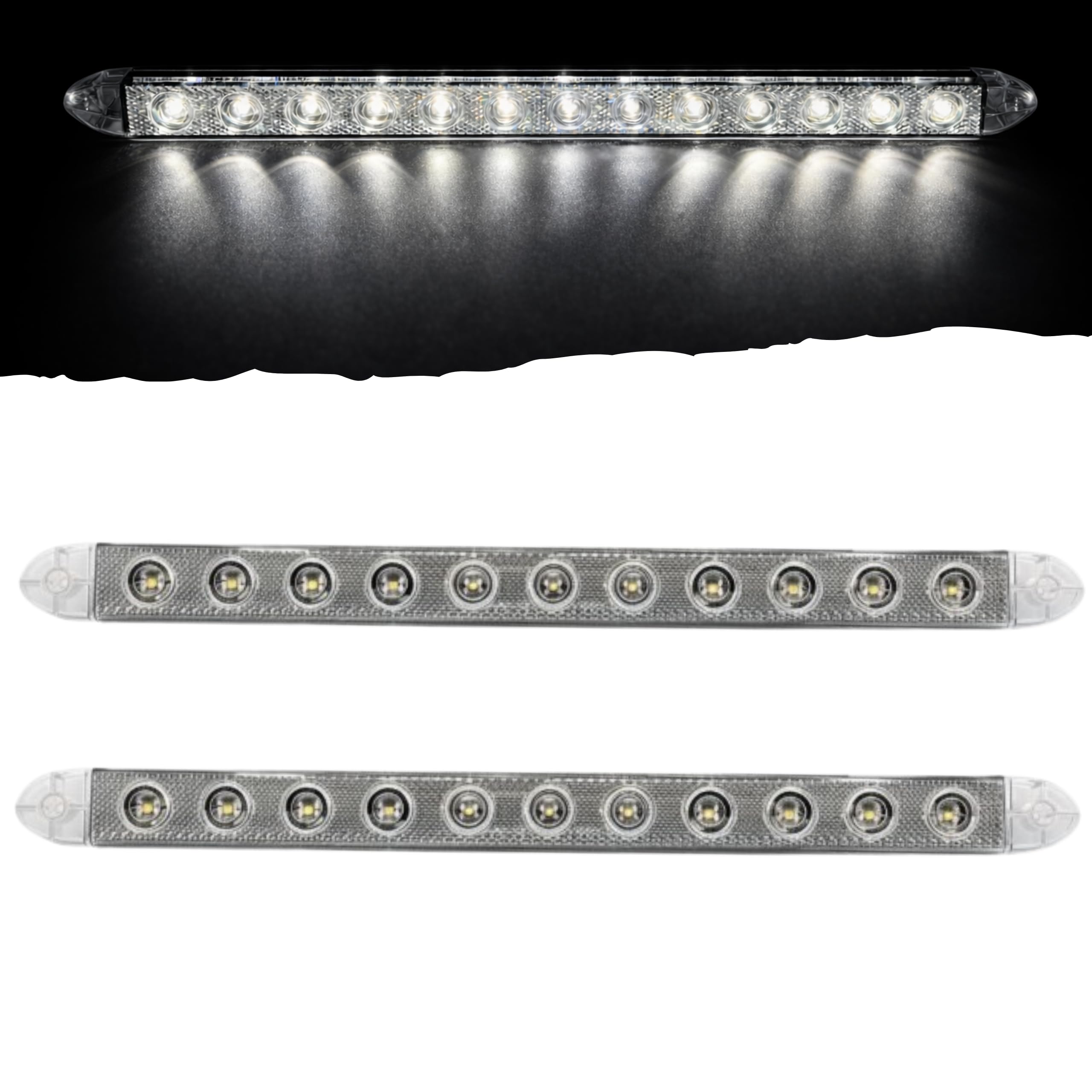 16 Slim-Line Indicator Bar, White LED Clear Reflex Lens, 11 LED, Back-Up/Reverse, Super Bright, Surface Mount, 12V, IP65 Waterpr