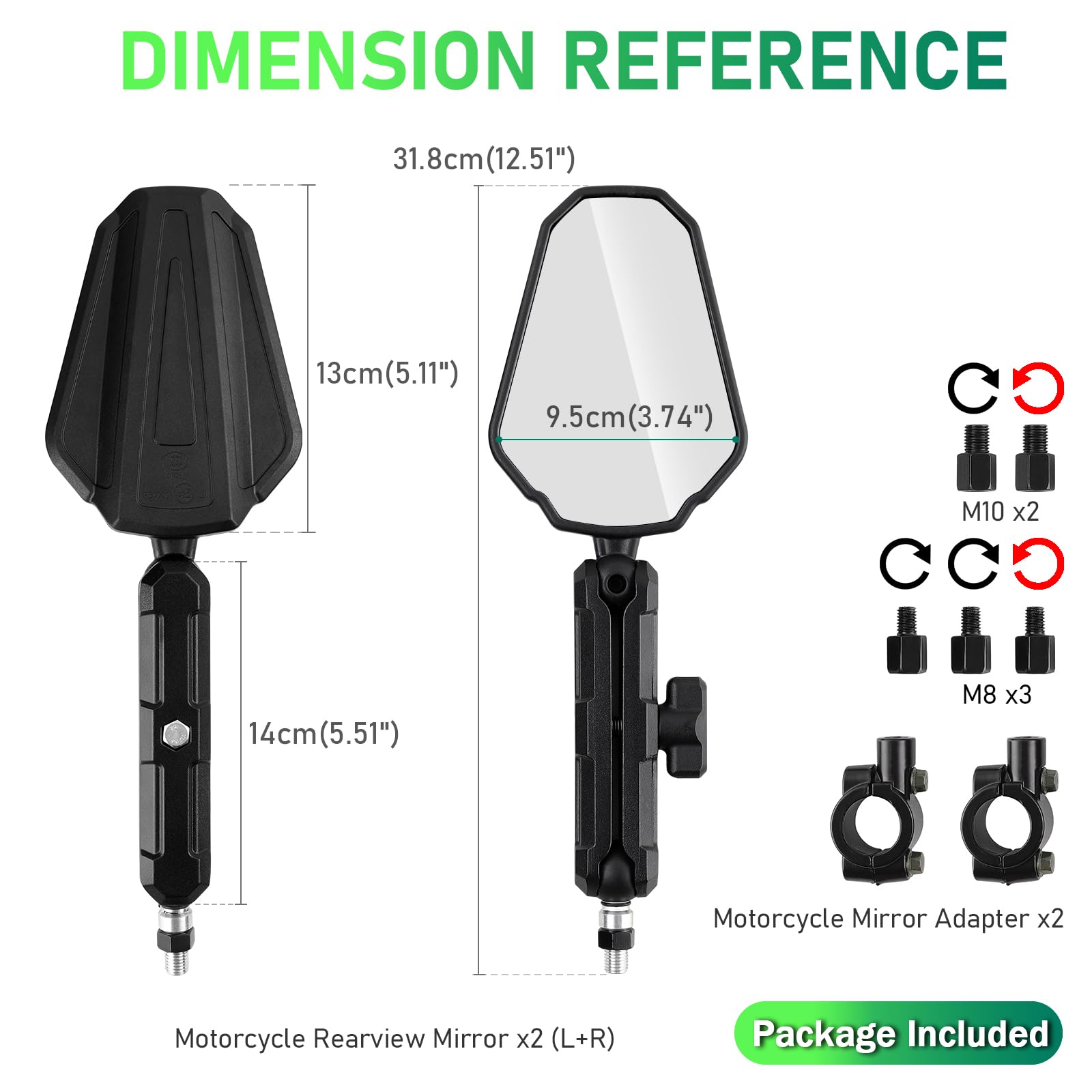 DREAMIZER Adventure Motorcycle Mirrors 8mm 10mm Motorbike Side Mirror, Universal 7/8'' Handlebar Rear View Mirrors, Adjustable D