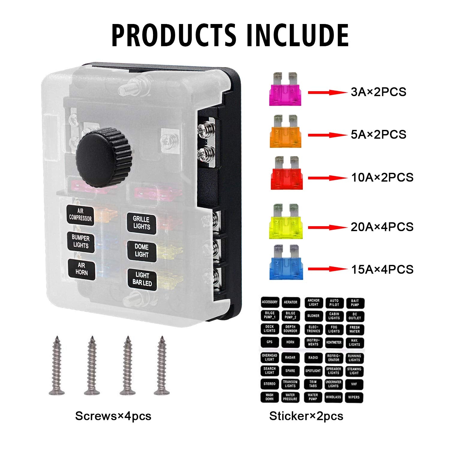 6 Way 12V Fuse Box 12Volt Blade Fuse Block Holder, 6 Circuit W/Negative Bus Waterproof Fuse Box With Led Indicator For 12V/24V A