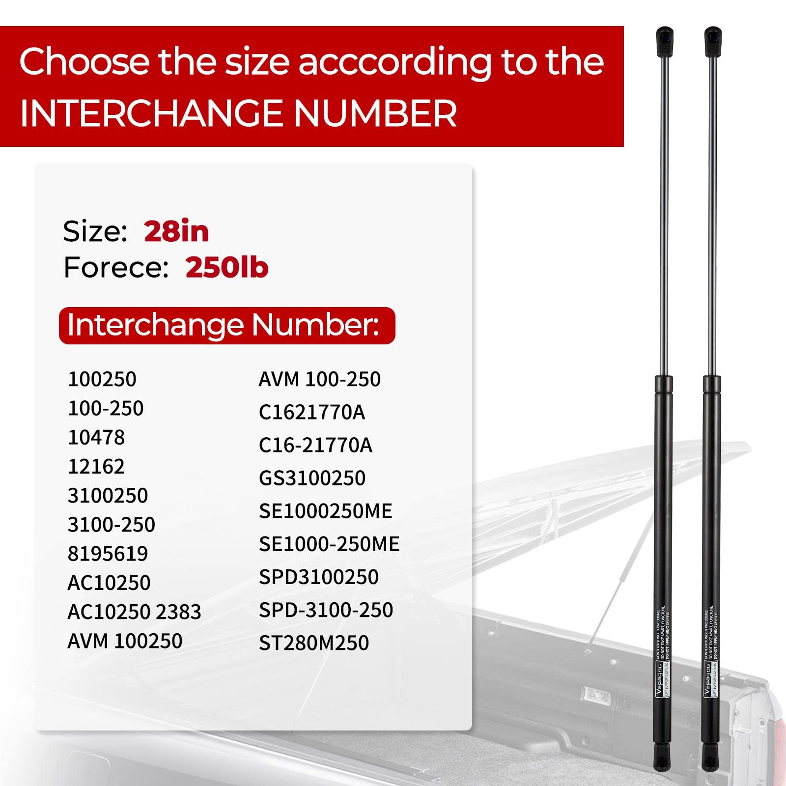 Vepagoo 28In 250Lb/1112N Heavy Duty Lift Support Gas Shock Strut Spring For Truck Bed Tonneau Cover Trailer Cap Camper Shell Top