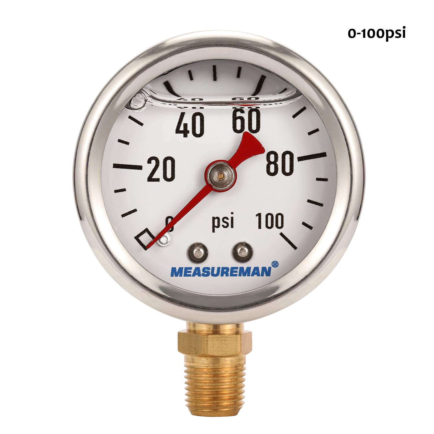 Measureman 1-1/2'' Dial Size, 304 Stainless Steel Case, Liquid Filled Fuel Pressure Gauge, 0-100Psi, +/-3-2-3%, 1/8'' Npt Center