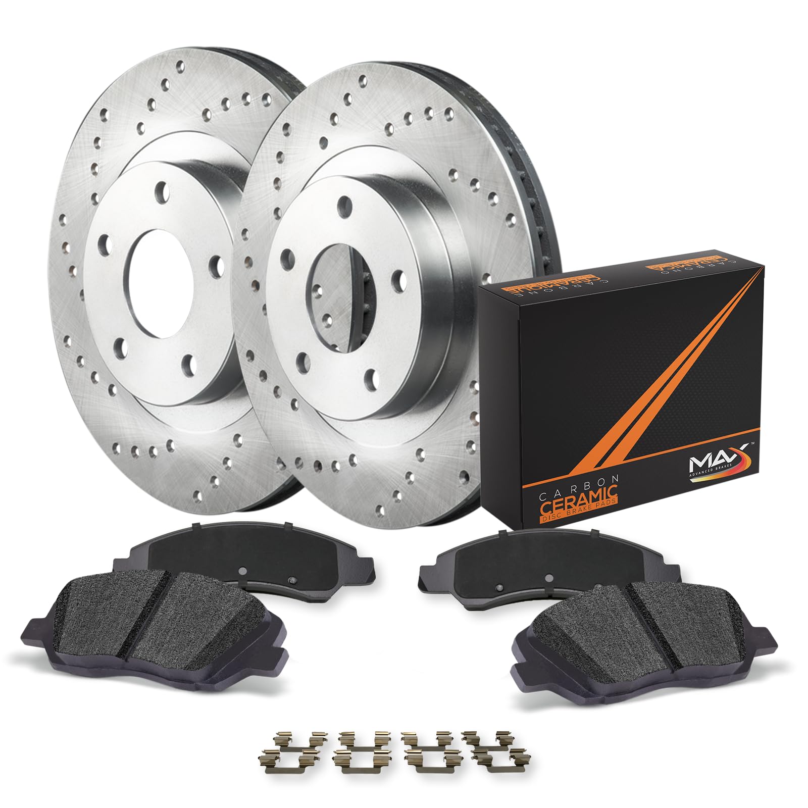 Max Advanced Brakes Front Brake Kit For 2006-2011 2012 2013 2014 2015 2016 2017 2018 Toyota Yaris 2012-2019 Prius C Replacement Cross Drilled Disc Brake Rotors And Ceramic Brake Pads