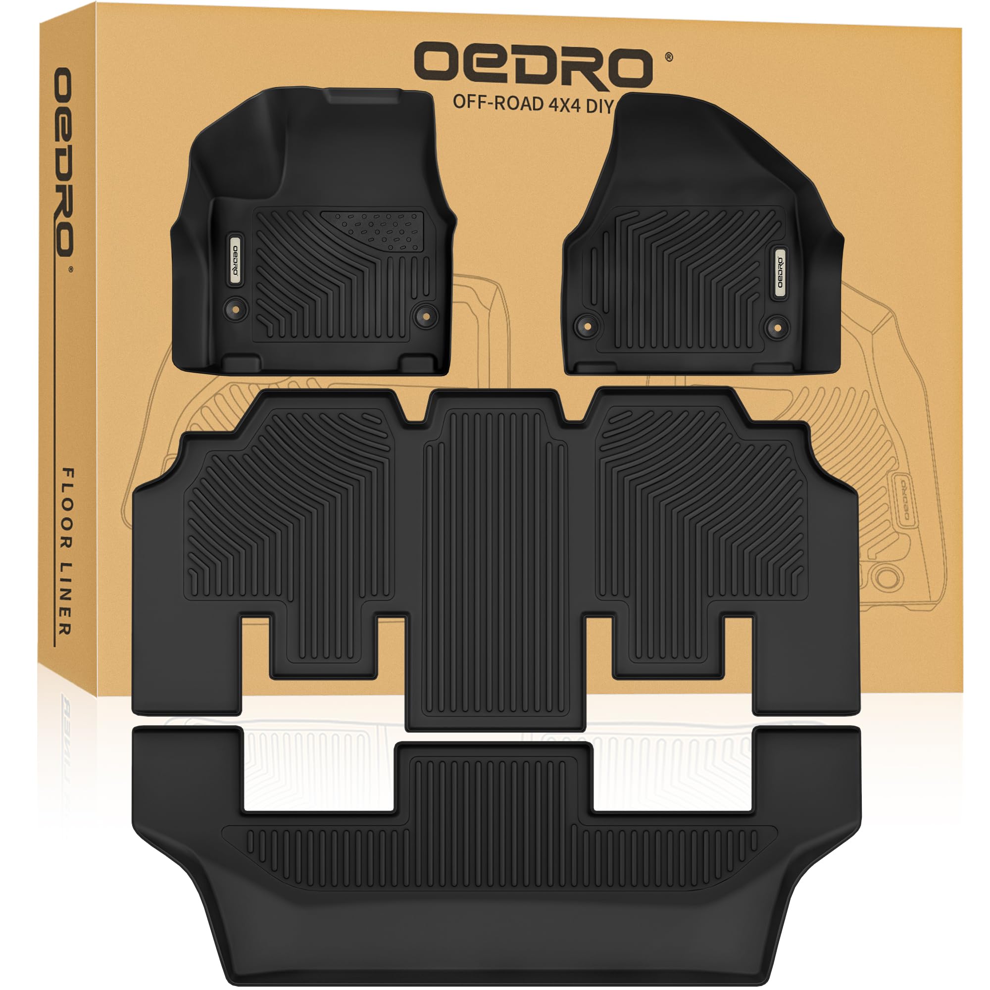 Oedro Floor Mats For Chrysler Pacifica 2017-2025 (No Hybrid Models), Fit 7 And 8 Passenger Model, 3D Custom All-Weather Protecti
