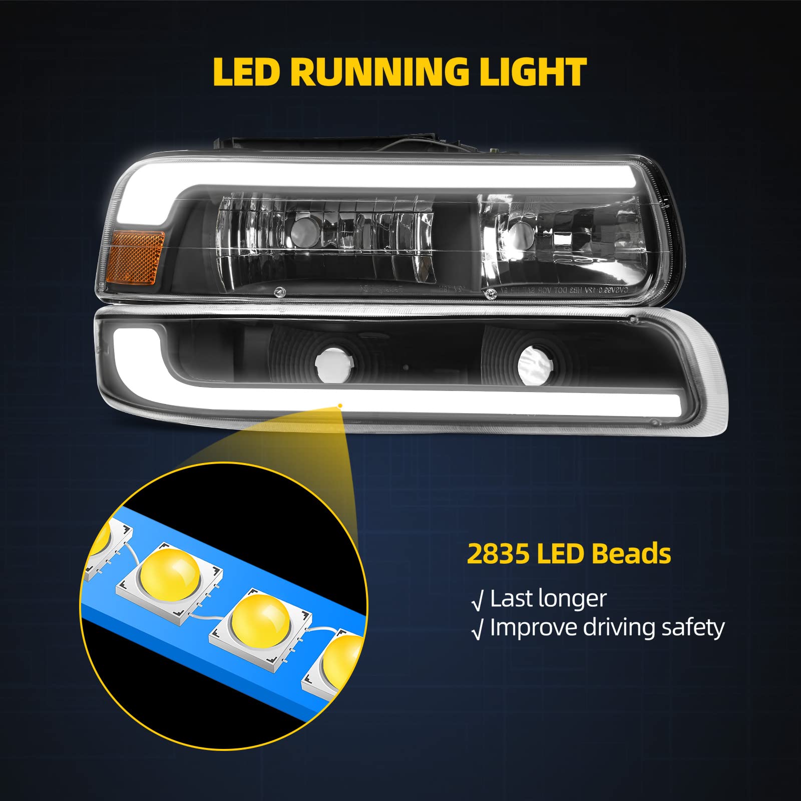 Dwvo Led Drl Headlights Compatible With 1999-2002 Chevy Silverado 1500 2500/2001-2002 Chevy Silverado 1500Hd 2500Hd 3500/2000-20