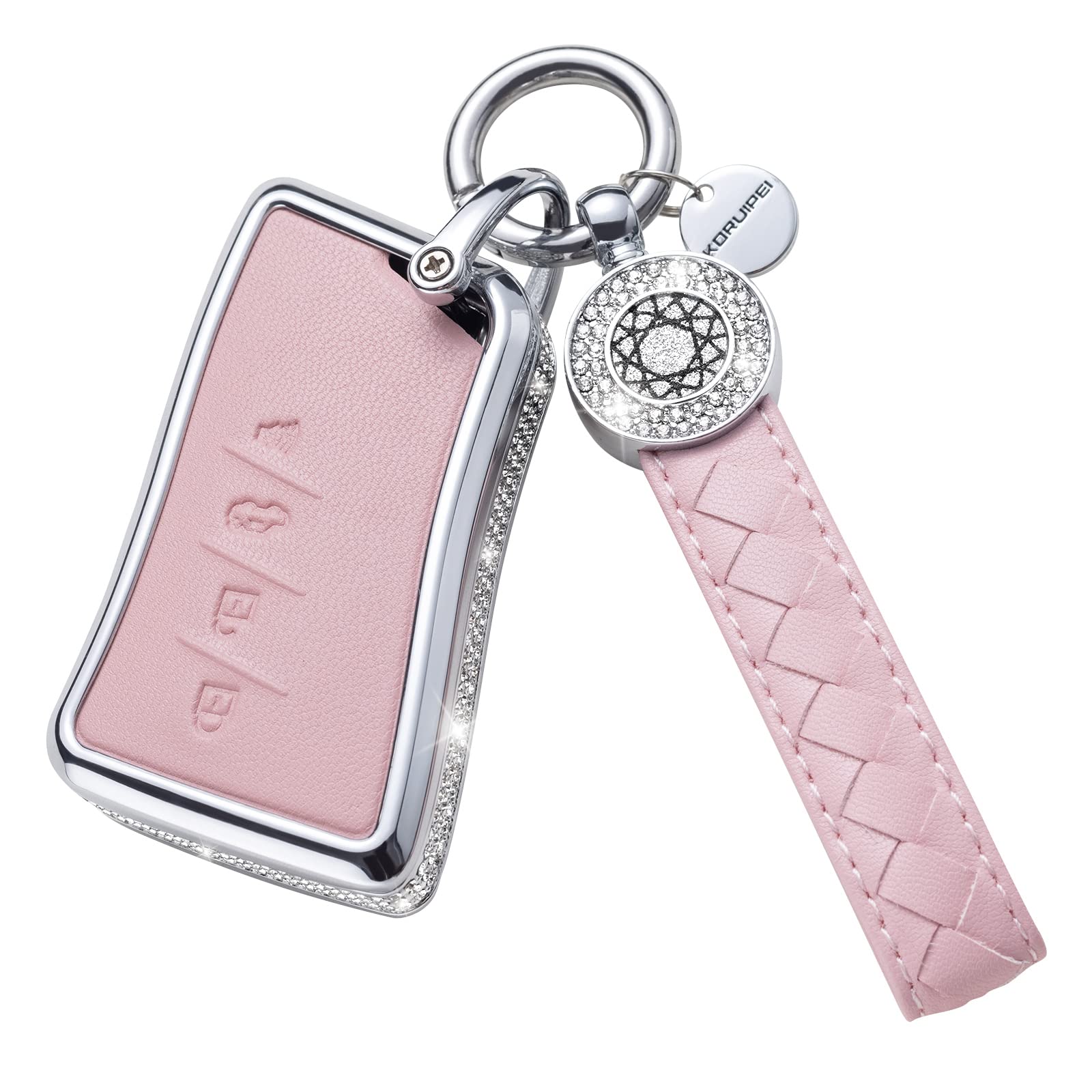 Ruabiban For Lexus Key Fob Cover With Keychain, Pink Genuine Leather Crystal Key Case Protection Shell Compatible With Lexus Es3