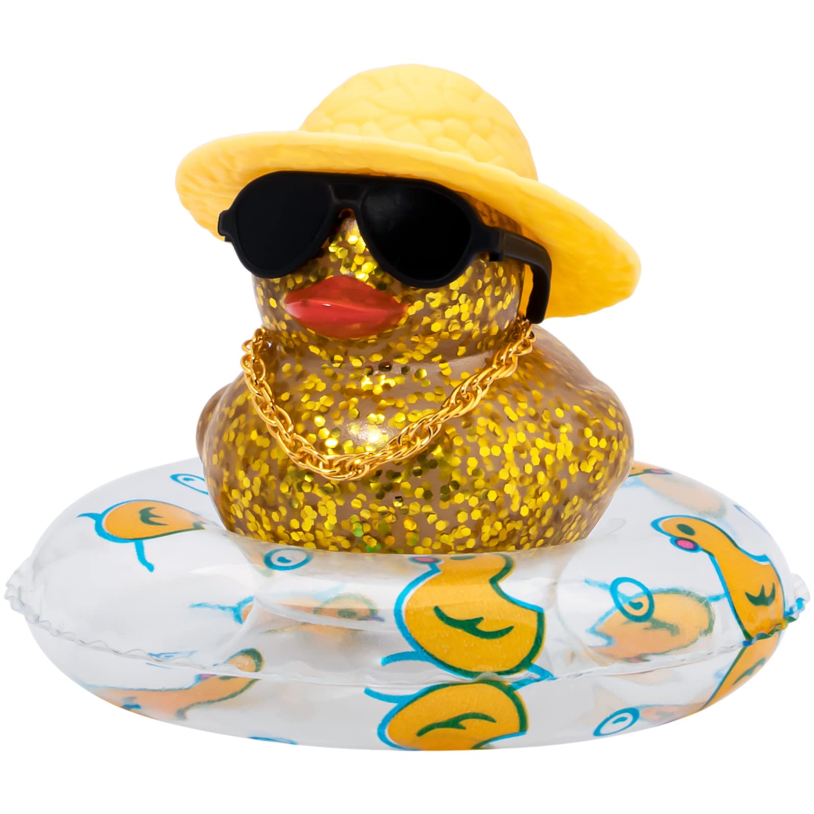 Wonuu Shining Rubber Ducks With Sunglasses Swim Ring Necklace Hat Glitter Cute Car Accessories Dashboard Decorations Car Duck De