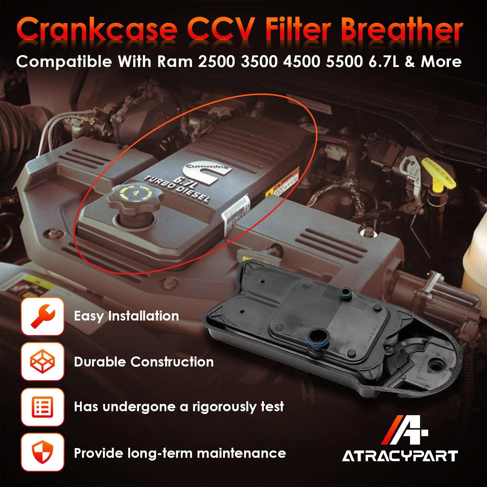 Crankcase CCV Filter Breather Vent Element Replacement for Ram 2500 3500 4500 5500 6.7L & More Replacement# CV52001, 68002433AA,