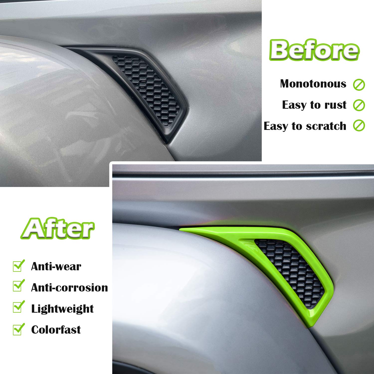 Bonbo 2Pcs Exterior Accessories Wheel Eyebrow Side Air Conditioning Vent Outlet Cover Trim For Jeep Wrangler Jl Jlu Sports Sahara Freedom Rubicon Unlimited Gladiator Jt 2018-2023 (Green)