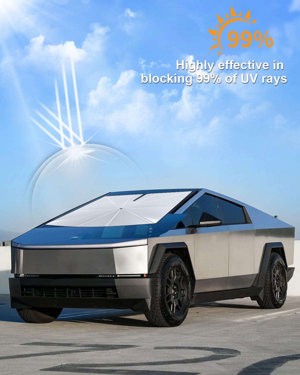 Helloleiboo [2025 Upgrade] Car Windshield Sun Shade For Tesla Cybertruck-Foldable Windshield Sun Shade 64 * 58-Reflects Uv Autom
