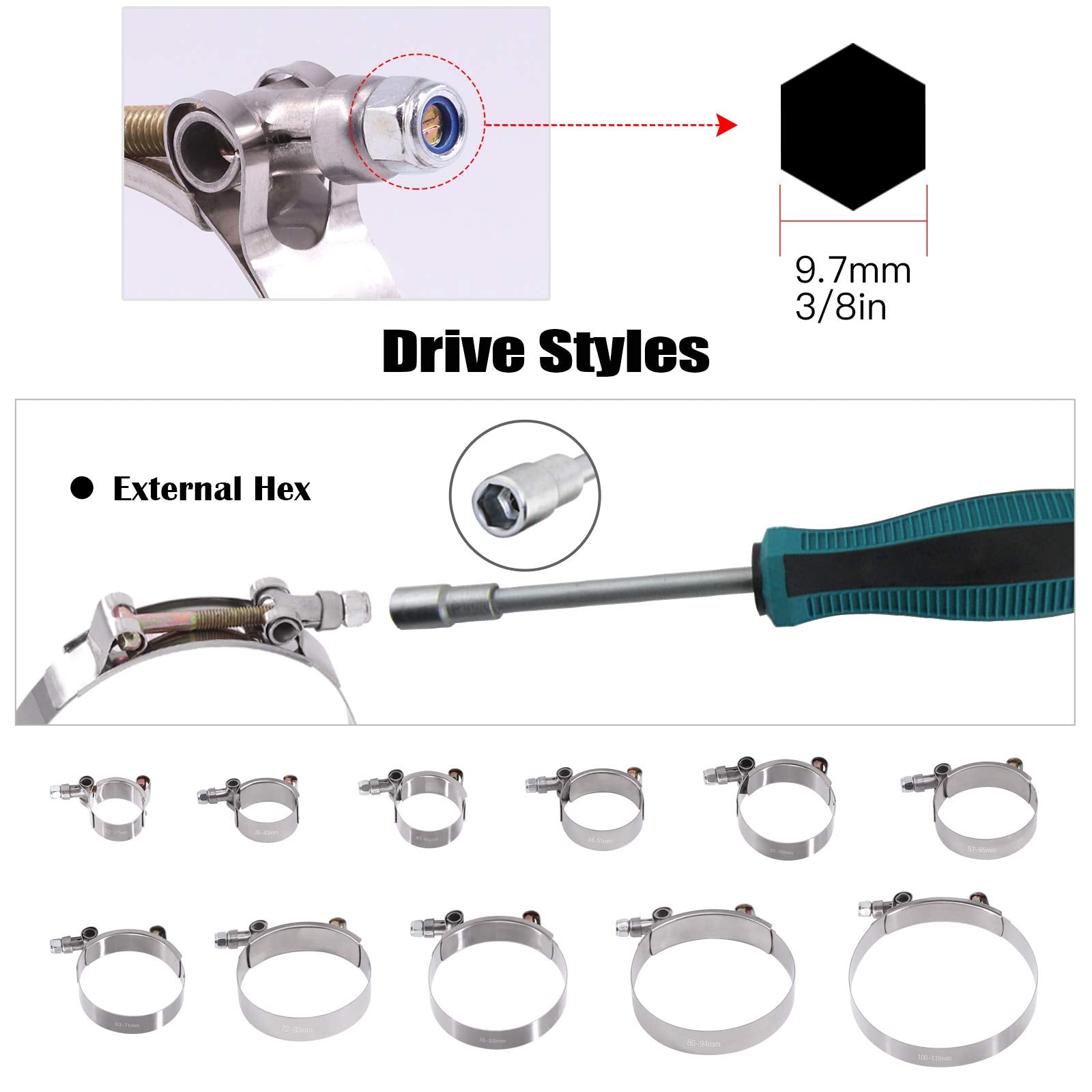 Glarks 5Pcs 32-37Mm Stainless Steel T-Bolt Hose Clamps Turbo Intake Soft Hose Intercooler Clamps