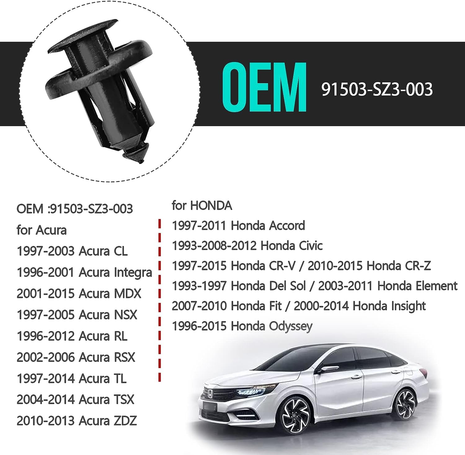 100PCS Bumper Fender Clips, 10mm Fender Liner Clip Compatible with Honda CR-V Accord Civic Acura, 1PCS Fastener Remover 91503-SZ