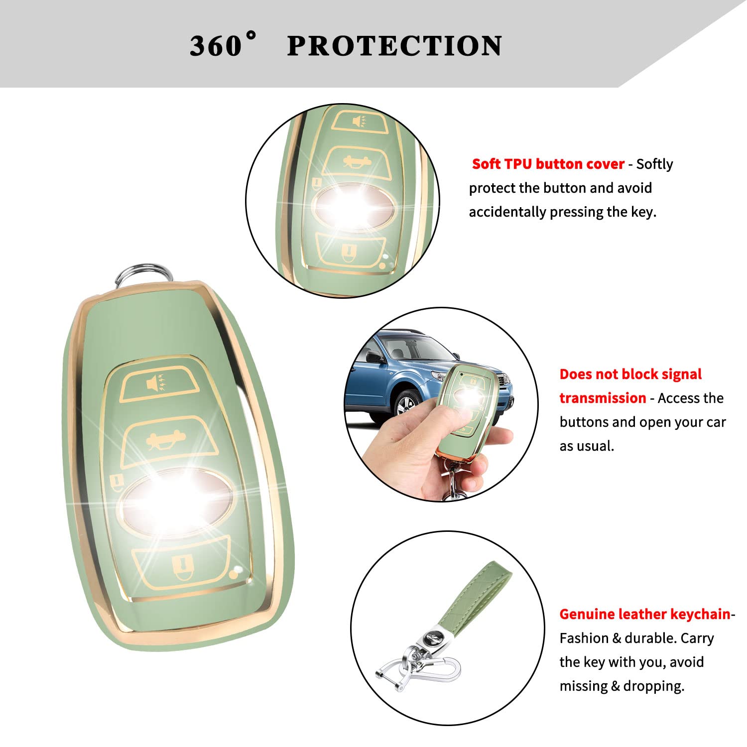 Qbuc For Subaru Key Fob Cover Case With Genuine Leather Keychain For Subaru Forester Crosstrek Ascent Outback Legacy Wrx Etc (Gr