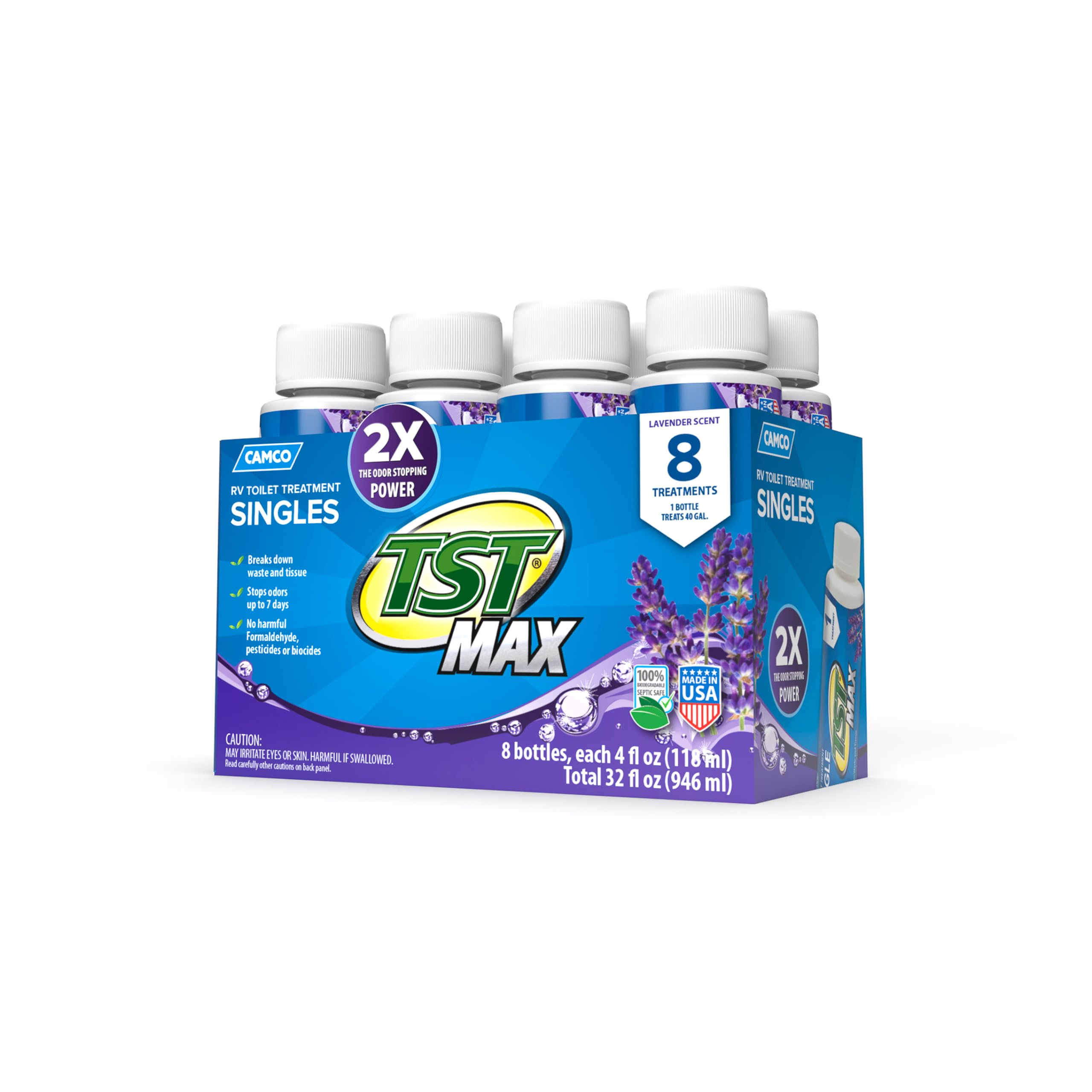 Camco Tst Max Rv Toilet Treatment Singles | Features A Biodegradable Septic Safe Formula, A Lavender Scent, And Is Ideal For Rving, Boating, And More | (8) 4 Oz Bottles (41551)