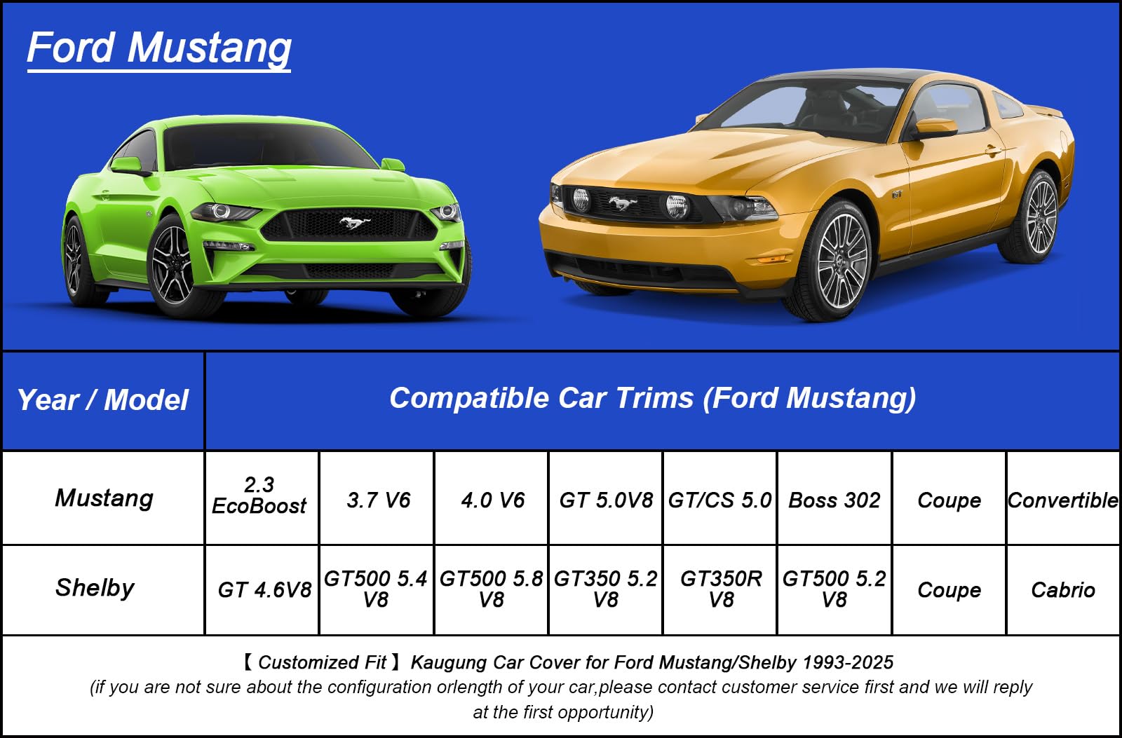Kaugung Car Cover Waterproof Custom Fit Ford Mustang(1993-2025), Full Exterior Cover For Automobiles Lightweight Resistant Outdo