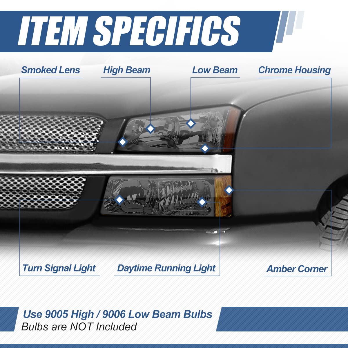 [Halogen Model] 4Pcs Oe Style Headlights Assembly With Bumper Lamps Compatible With Chevy Silverado Avalanche 03-07 (Without Factory Cladding), Driver And Passenger Side, Smoked Lens Amber Corner