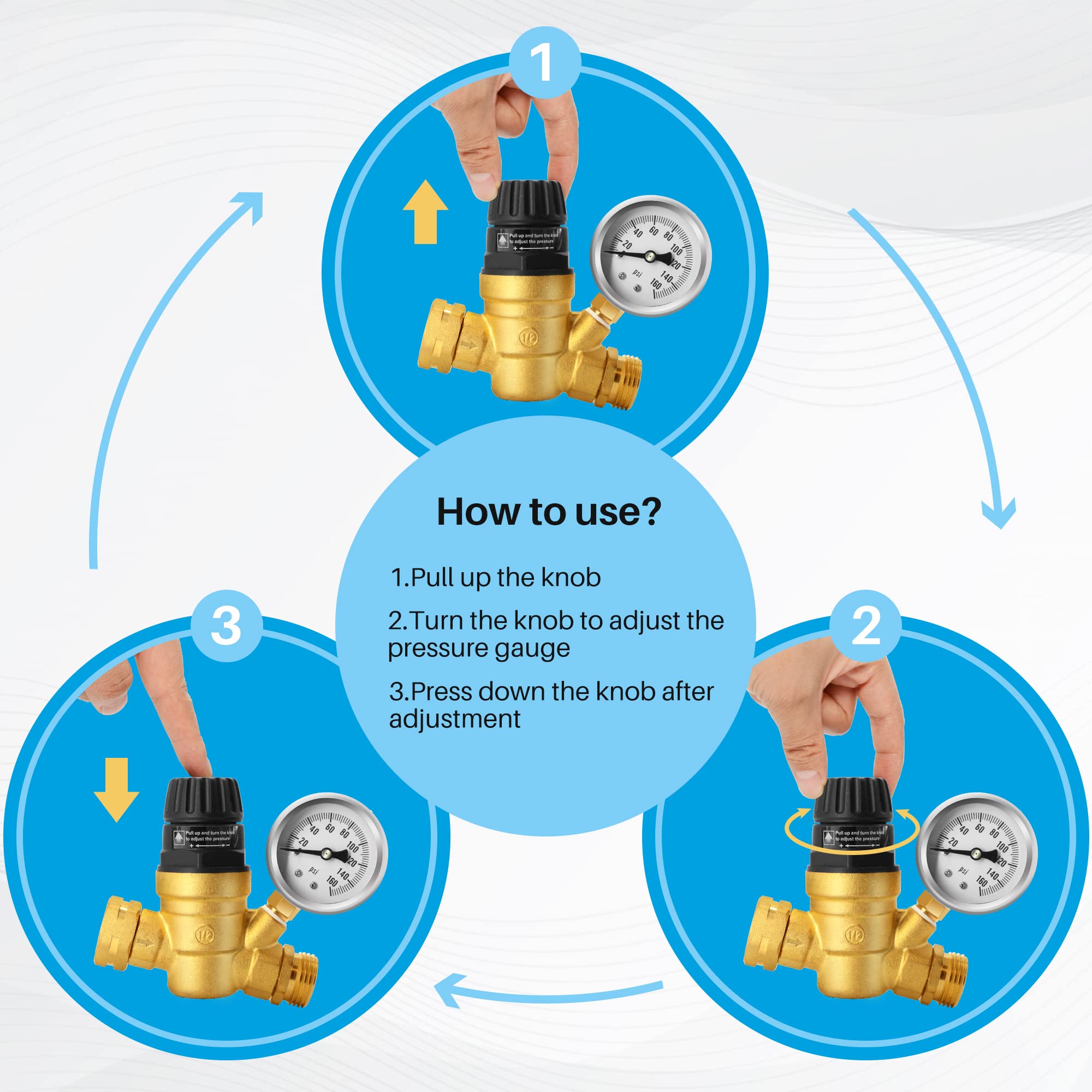 Boltigen Handle Adjustable Rv Water Pressure Regulator With Gauge, 3/4’’ Ght 160Psi Lead-Free Brass Rv Pressure Reducing Valve With 4 Inlet Screened Filters For Rv Camper, Travel Trailer, Garden Hose
