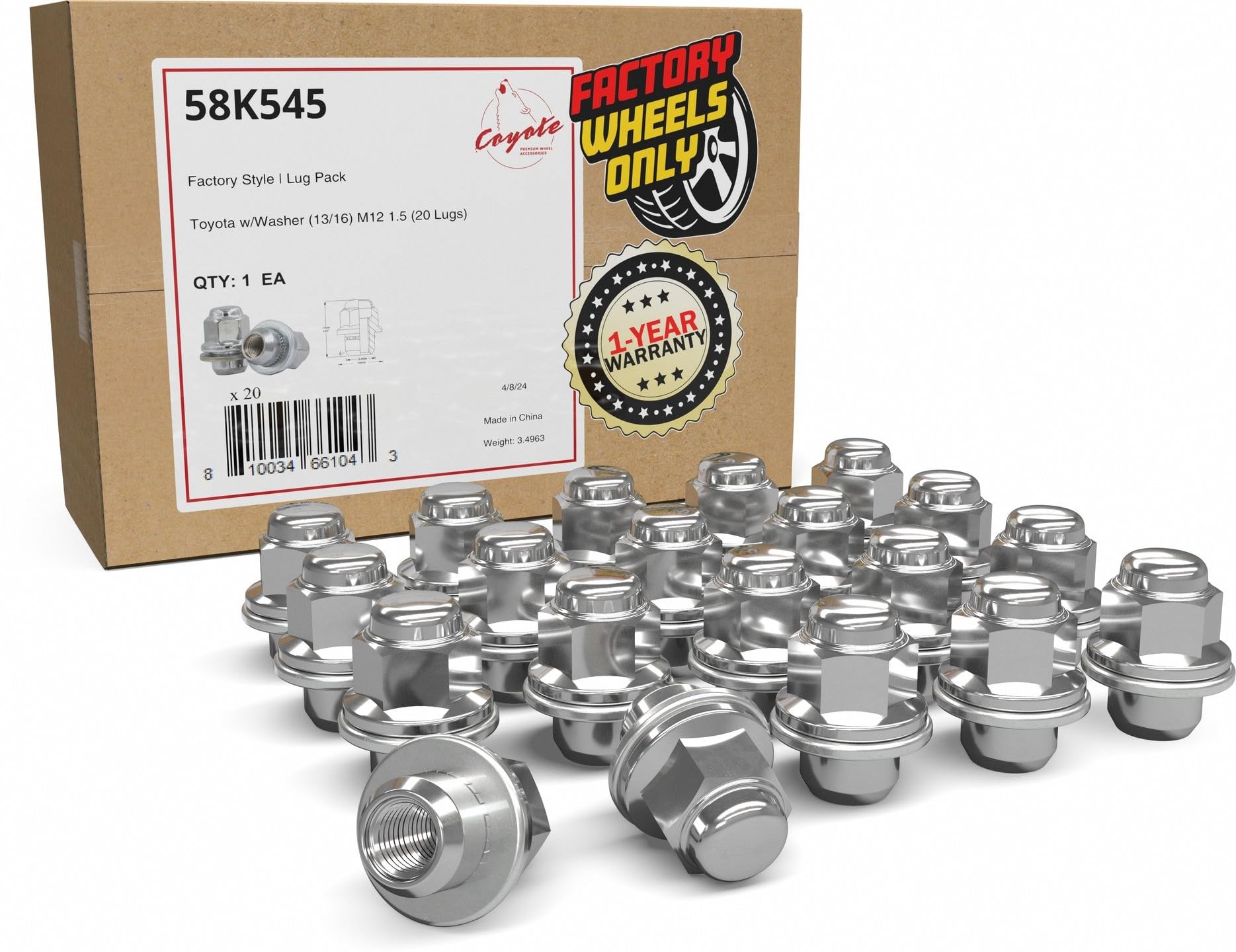 Wheel Accessories Parts 20 Pcs M12x1.5 12x1.5 Thread OEM Factory Style Lug Nuts 1.5 Long Chrome 13/16 21mm Hex Hex Fits Toyota C