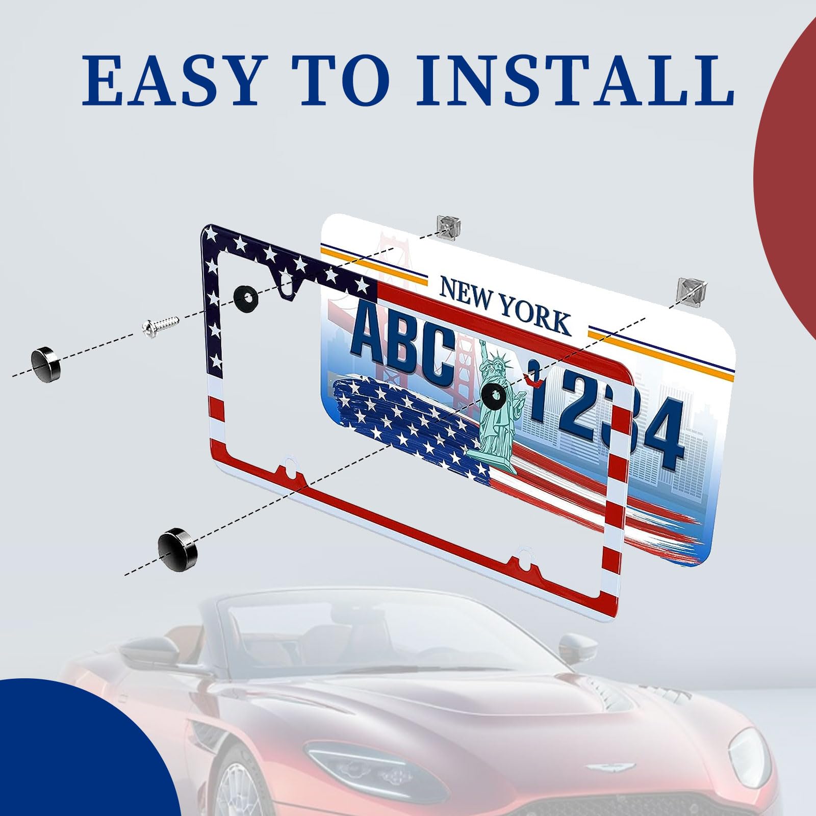 American Flag License Plate Frame - 2 Pack Classic Patriotic USA Flag Aluminum Metal License Plate Holder Covers, Rust-Proof Wat