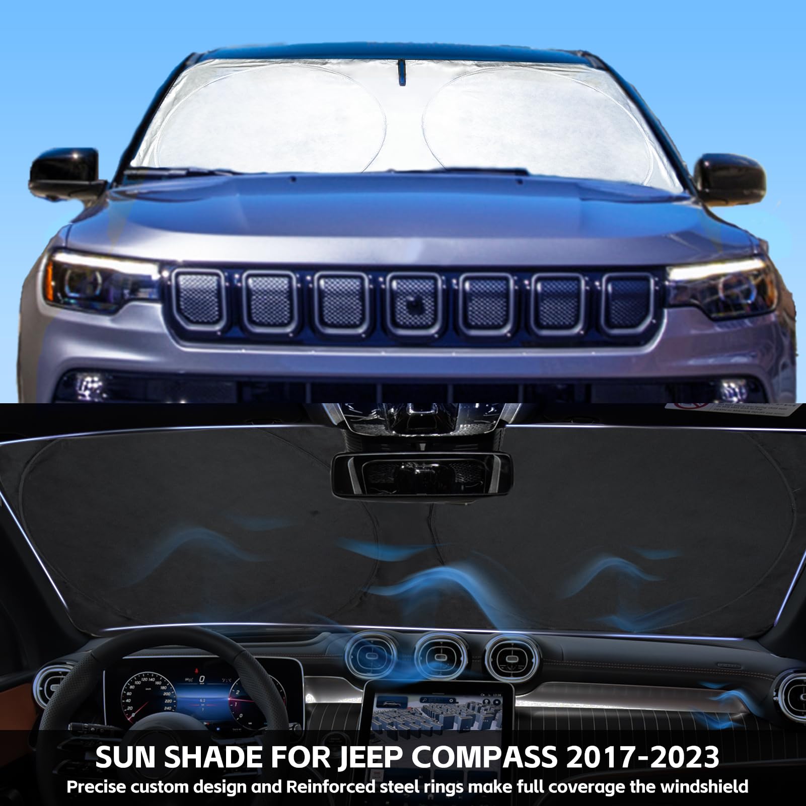 For 2024 Compass Windshield Sun Shade Car Windshield Cover, Custom Fit For Jeep Compass 2017-2023 Ultimate Sun Protection Foldab