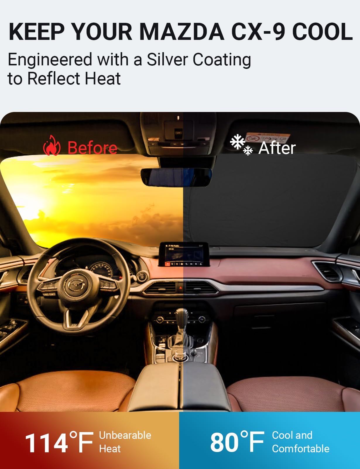 Proadsy 2025 Upgrade Windshield Sun Shade Custom Fit Mazda Cx-9 Cx9 2016-2024 2025 4-Layer Foldable Front Sunshade Protector Sun