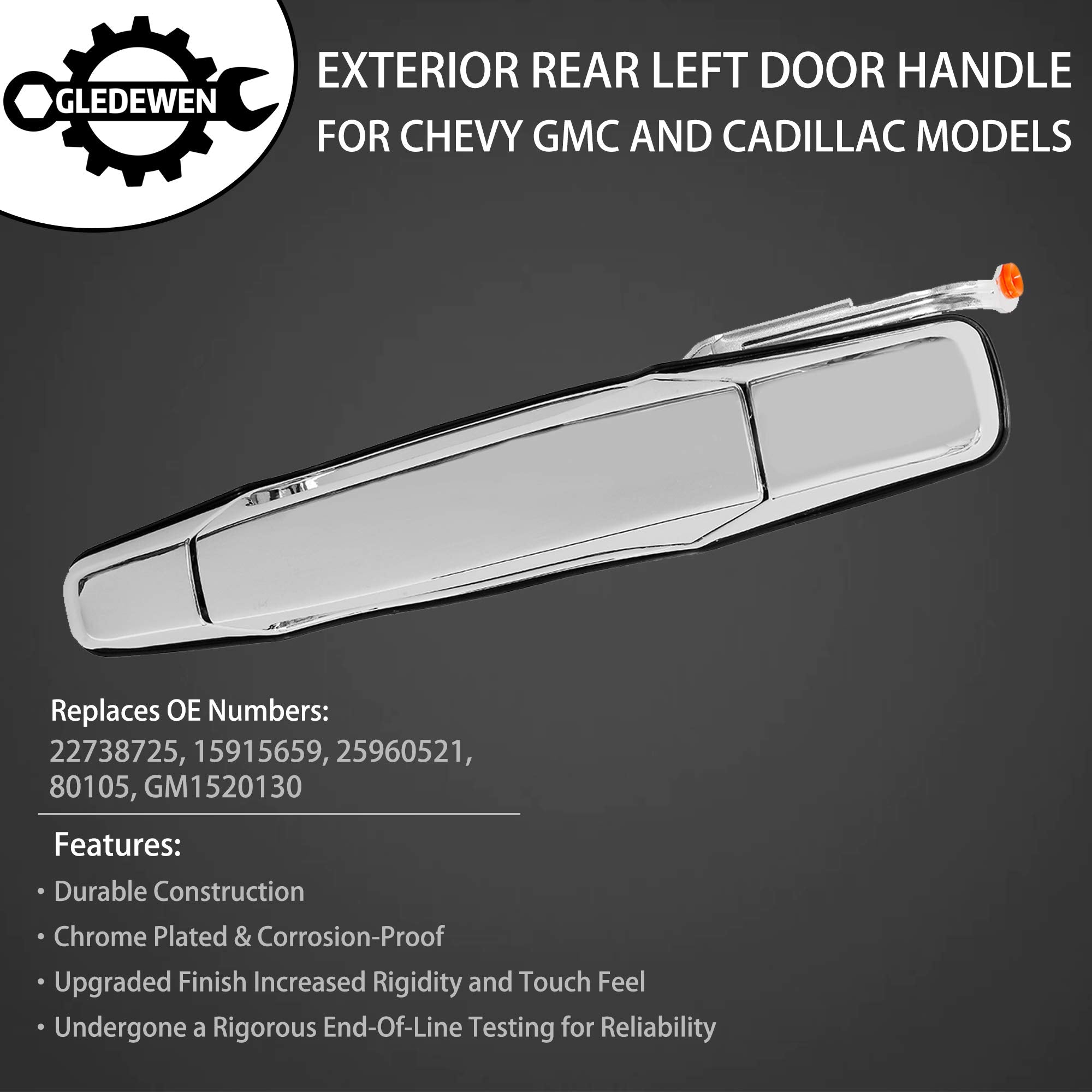 Exterior Chrome Door Handle Rear Left Driver Side | For 2007-2013 Chevy Silverado Suburban Tahoe Avalanche, Gmc Sierra Yukon, Cadillac Escalade | Replaces# 22738725, 15915659, 25960521, 80105