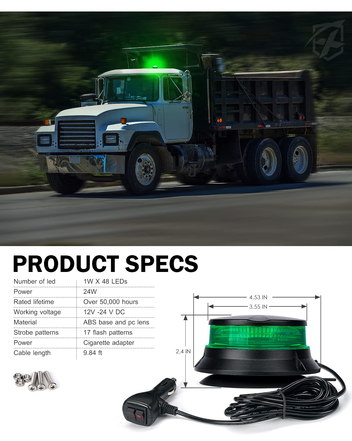 Xprite Green LED Rotating Beacon Light, 4.5Inch Super Bright Rooftop Flashing Safety Warning Strobe Light w/Magnetic for Construction Forklift Security Patrol Postal Law Enforcement Vehicles Trucks