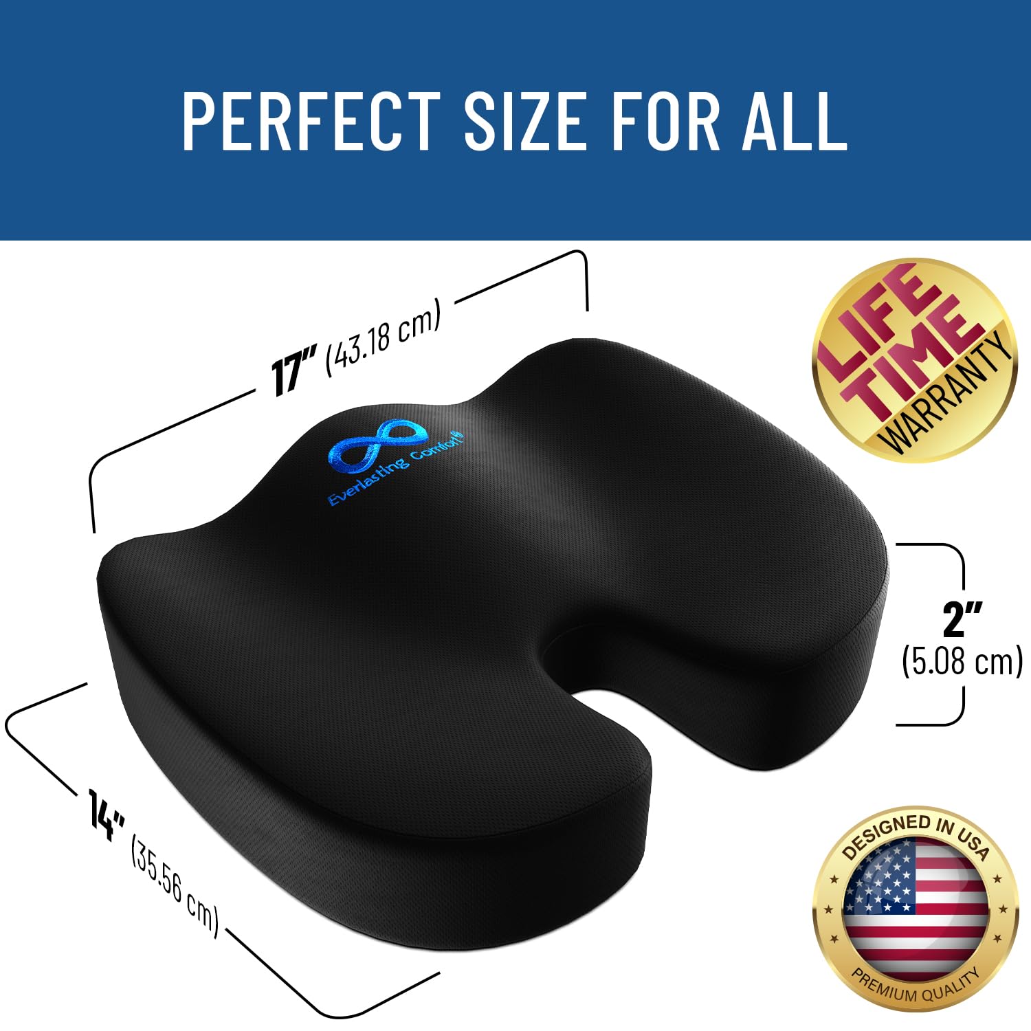 Everlasting Comfort Luxe Seat Cushion - Office Chair Cushion - Non-Slip Car Seat Cushion, Tailbone Pain Relief (Black Gel)