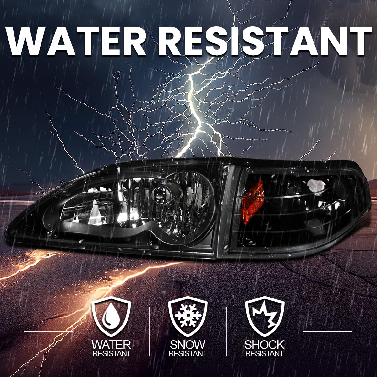 Spec-D Tuning Black Housing Clear Lens Headlights + Corner Lights Compatible with 1994-1998 Ford Mustang L+R Pair Head Light Lamp Assembly