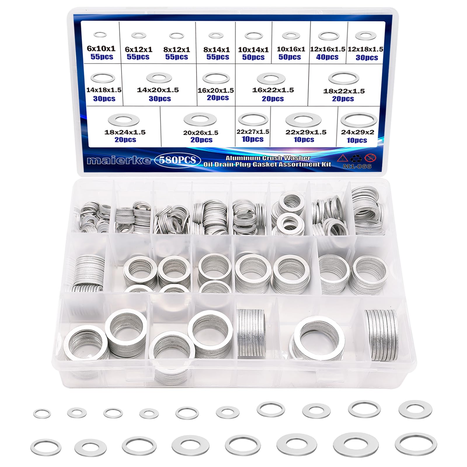 maierke 580PCS Crush Washer Oil Drain Plug,18 Sizes Aluminum Oil Drain Plug Gasket Assortment,Automotive Engine Crush Washers (M