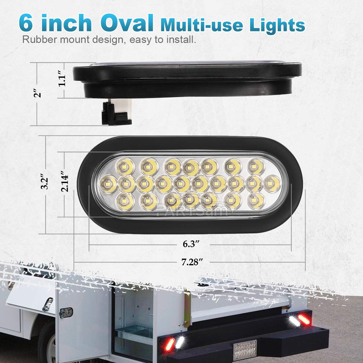 Partsam 2X Oval Clear Lens White Stop Turn Tail Backup Reverse Fog Lights Lamps Rubber Flush Mount 6'' 24 Led For Truck Trailer