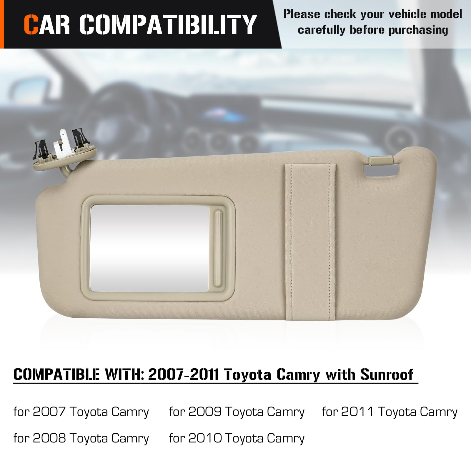 Sun Visor With Light For Toyota Camry 2007-2011 With Sunroof, Left Driver Side Beige Sunvisor Replace 74320-06800-B0