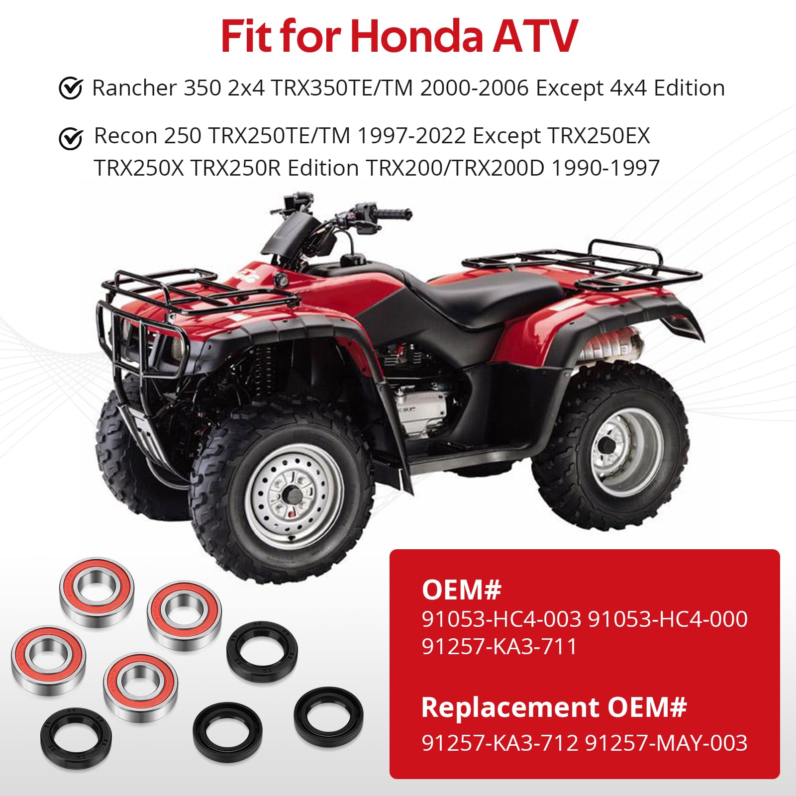 Front Wheel Hub Bearings Seals For Honda Recon 250 Trx250 1997-2022 Rancher 350 2X4 2000-2006 Trx200 1990-1997, Oem# 91053-Hc4-0