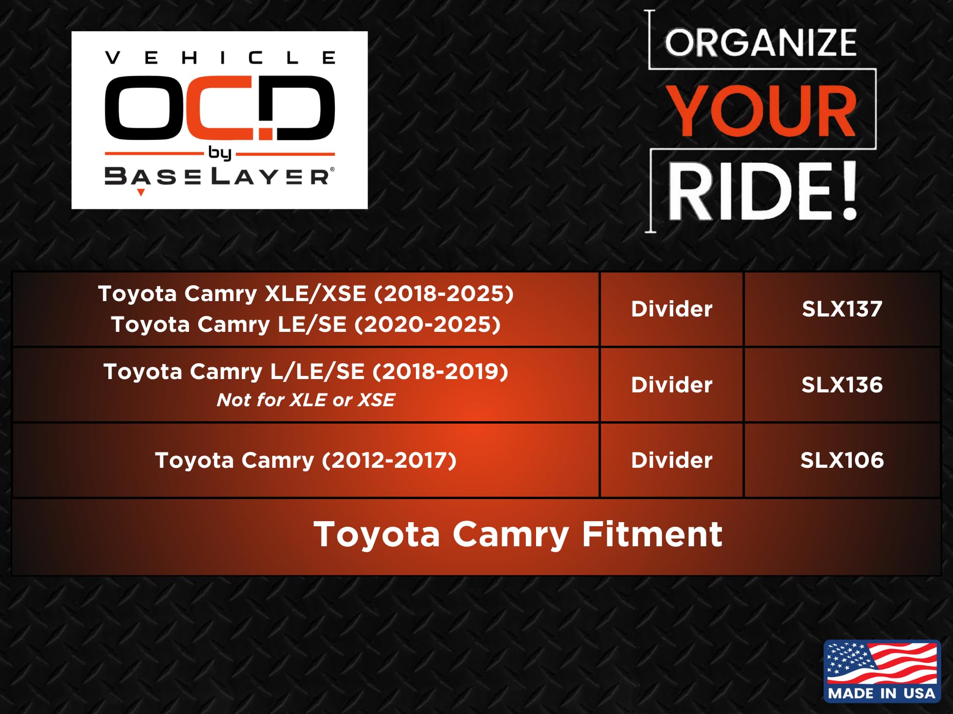Vehicle Ocd - Center Console Organizer For Toyota Camry (2012-2017) - Made In Usa - Slx106